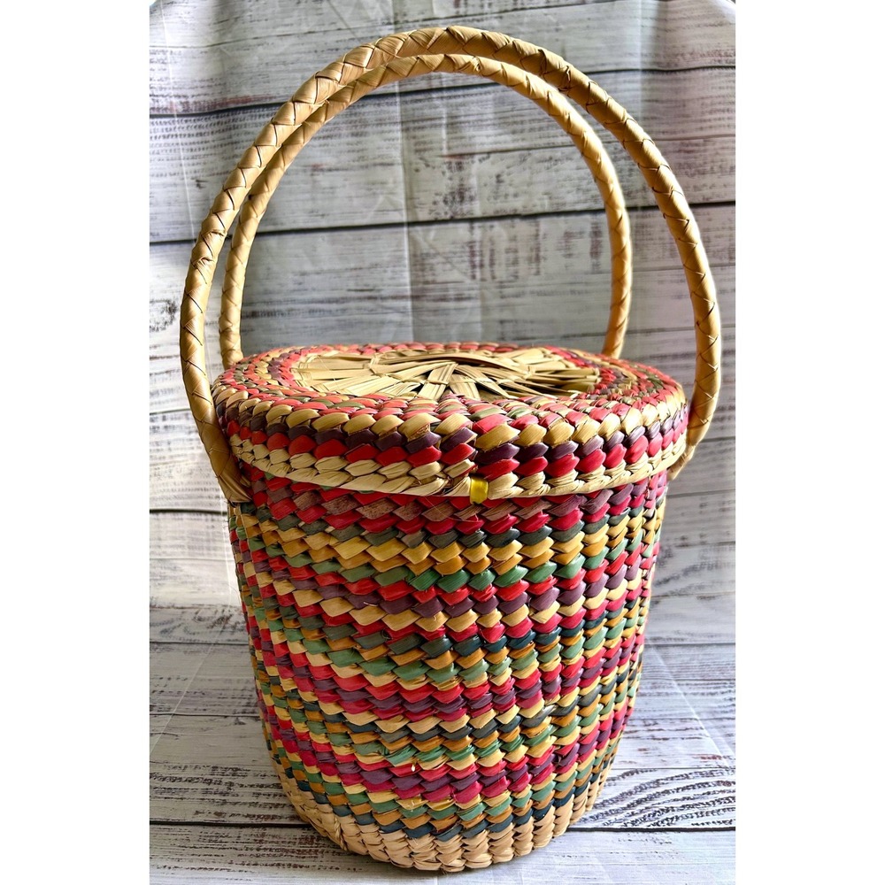 VTG Woven Snake Charmer Basket Boho Multicolor Striped Braided Handle Storage